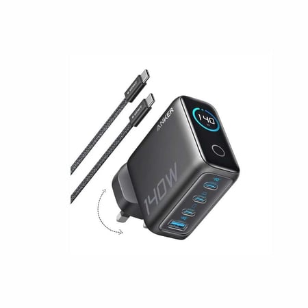 شاحن جداري انكر بقوة 140 واط بثلاث منافذ تايب سي ومنفذ يو اس بي مع سلك تايب سي الى تايب سي - اسود