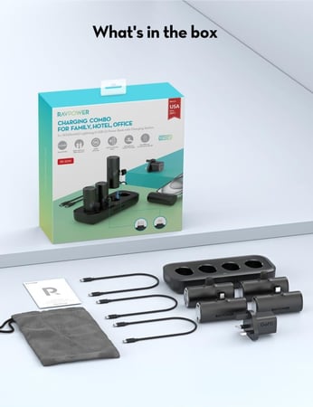 منصة راف باور 4 بطاريات بسعة 5000 ملي امبير بقوة 20 واط (بطاريتين منفذ لايتنينق و بطاريتين منفذ تايب سي) - اسود