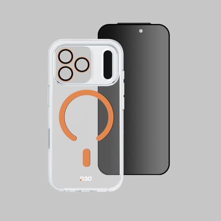 بكج Armorpro D30 ثلاثة في واحد ( كفر حماية شفاف ماج سيف برتقالي + حماية شاشة زجاجية خصوصية + حماية للعدسات ) مع زر التصوير للايفون 17