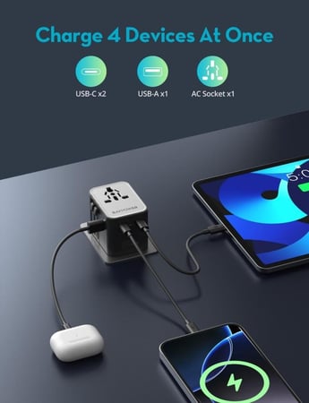 فيش سفر راف باور متعدد المداخل بقوة 25 واط بمنفذين تايب سي ومنفذ يو اس بي