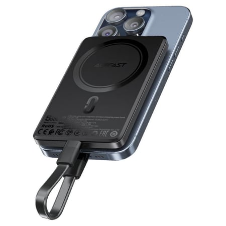 بطارية نحيفة ماج سيف AceFast M8 شحن لاسلكي بقوة 18 واط بسعة 5000 ملي امبير منفذ تايب سي مع  سلك تايب سي الى تايب سي - اسود