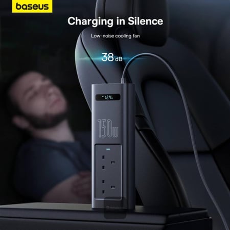 توصيلة سيارة بيسوس بقوة 150 واط و220 فولت بمنفذ تايب سي ومنفذ USB ومنفذين طاقة - اسود