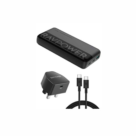 بكج راف باور بطارية بقوة 20 واط بسعة 20000 ملي امبير بمنفذين تايب سي ومنفذ يو اس بي مع + شاحن جداري بقوة 20 واط بمنفذ تايب سي + سلك تايب الى تايب سي