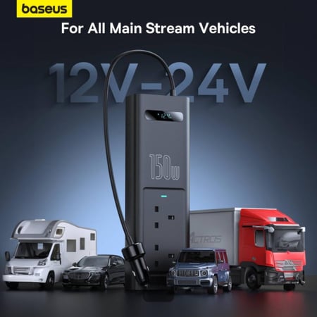 توصيلة سيارة بيسوس بقوة 150 واط و220 فولت بمنفذ تايب سي ومنفذ USB ومنفذين طاقة - اسود