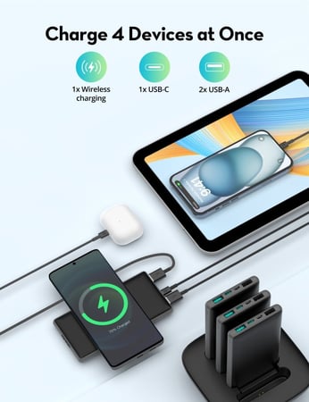 منصة راف باور 4 بطاريات بسعة 10000 ملي امبير شحن وايرلس ماج سيف و منفذين USB-A ومنفذ تايب سي ومنفذ مايكرو - اسود