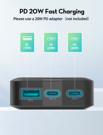 بطارية راف باور بسعة 20000 ملي امبير بقوة 20 واط بمنفذين تايب سي بي دي ومنفذ يو اس بي - اسود