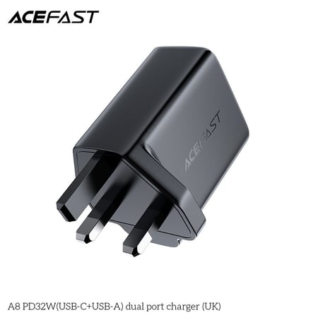 شاحن جداري AceFast A8 بقوة 32 واط منفذ تايب سي ومنفذ يو اس بي -  اسود
