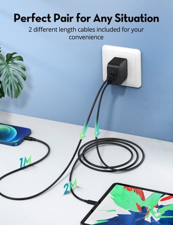 باندل راف باور 2 كيبل 1 متر - 2 متر - تايب سي تو لايتننق - اسود