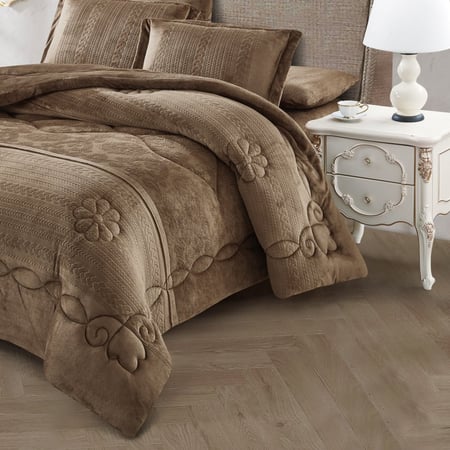 AMELIA-010 مفرش شتوي فاخر مخمل سميك نفرين 6 قطع بني