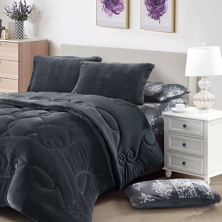 OLIVER-013 مفرش شتوي فاخر مخمل سميك نفرين 6 قطع رمادي غامق