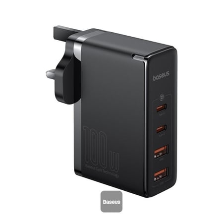 شاحن سريع Baseus GaN5 Pro 100W 4 منافذ | 2 Type-C + 2 USB-A، قابس بريطاني مع كابل بيانات شحن سريع 100 واط من النوع C (20 فولت/5 أمبير) 1 متر - أسود