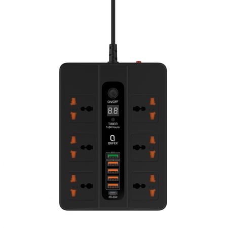 توصيلة كهرباء QUFEX كيوفكس 6 فتحات + 5منافذ USB + منفذ PD بطول 2 متر