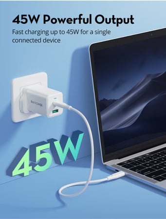 شاحن جداري سريع من راف بور ، 30 واط، USB-C وUSB-A موديل RP-PC170 - أبيض