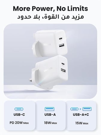 شاحن من يوجرين بمنفذين 20 واط تايب سي - ابيض
