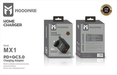 شاحن جداري من موج ماكس 20 وات بمنفذين PD+QC3.0 MX1 أسود