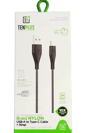 كابل شحن سريع من Ten Plus USB-A إلى Micro + حزام نايلون مضفر بطول 1 متر (3.3 قدم) أسود T3107
