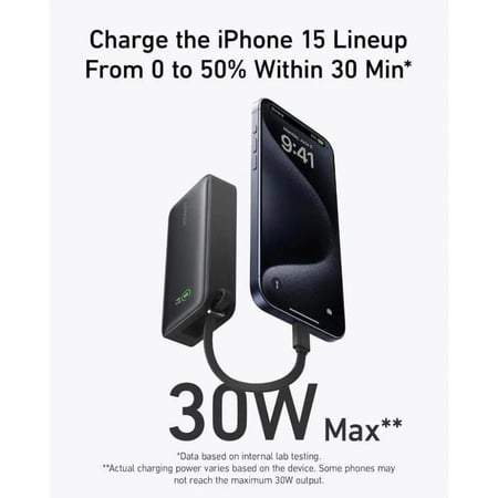 باور بانك من انكر خفيف الوزن بسعة 10000 مللي أمبير 30 وات مع كابل من النوع C لون اسود