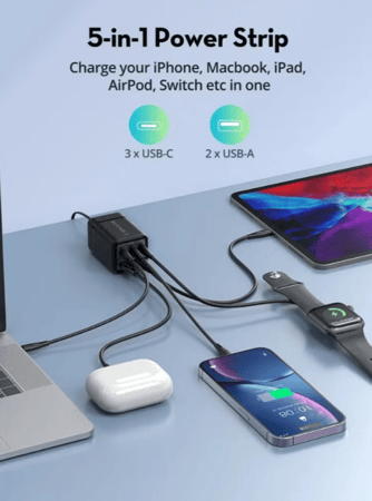منصة شحن راف بور 5 مخرجات شاحن سريع PD 75 وات موديل RP-PC1045