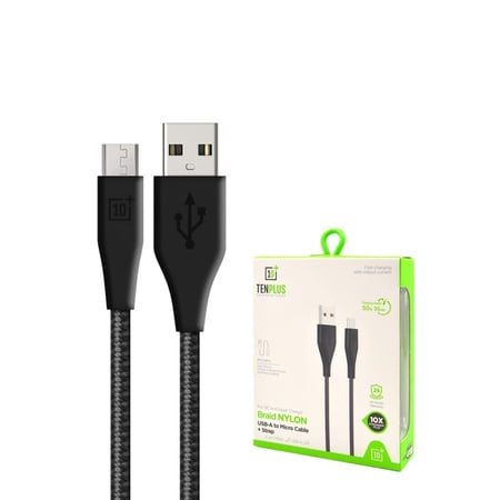 كابل شحن سريع من Ten Plus USB-A إلى Micro + حزام نايلون مضفر بطول 1 متر (3.3 قدم) أسود T3107