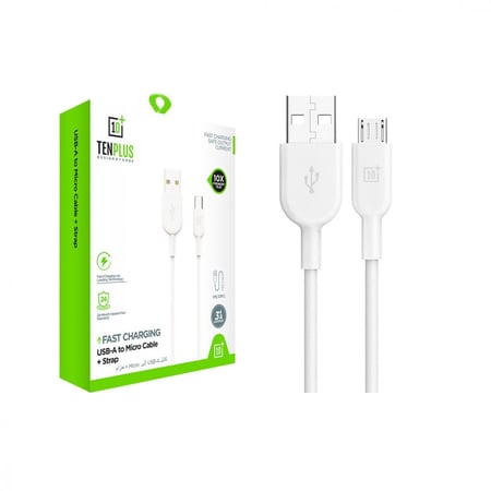 كابل شحن TENPLUSشحن سريع من USB-A إلى ميكرو + حزام بطول 1 متر ابيض