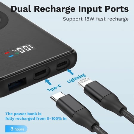 ليفوري - شاحن متنقل لاسلكي وسلكي بقوة 20 واط وسعة 10000 ملي امبير