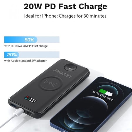 ليفوري - شاحن متنقل لاسلكي وسلكي بقوة 20 واط وسعة 10000 ملي امبير