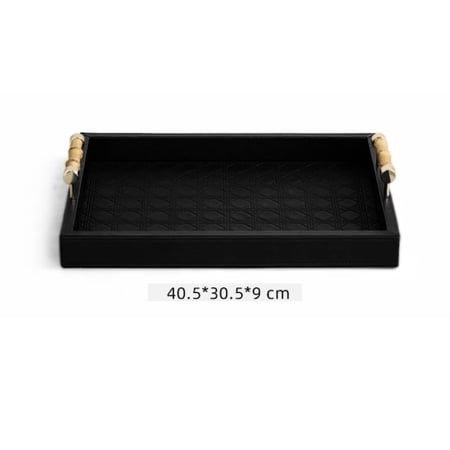 صينية تقديم وديكور جلد اسود مقابض خيزران