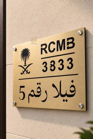 لوحة عنوان وطني ستيل ذهبي تفريغ مثبتة على واجهة فيلا مودرن