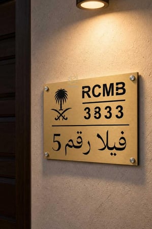 لوحة عنوان وطني ستيل ذهبي تفريغ مثبتة على واجهة فيلا مودرن