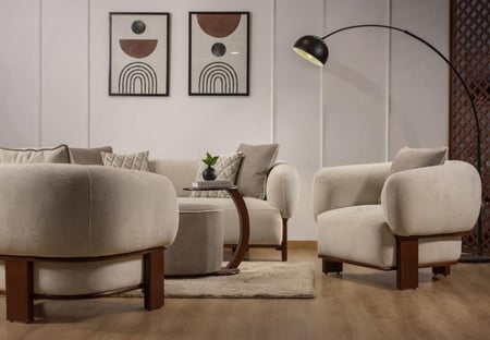 طقم كنب خشب زان طبيعي منجد بالمخمل لون بيج – 4 حبه