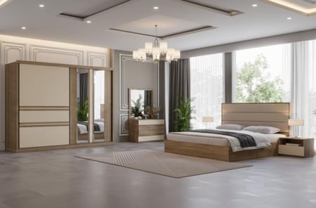 غرفة نوم مودرن خشب بني فاتح بظهر مبطن عاجي – 5 قطع