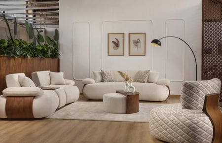 طقم كنب مخمل بيج × بني خشب زان طبيعي مع حامل أكواب – 4 حبه