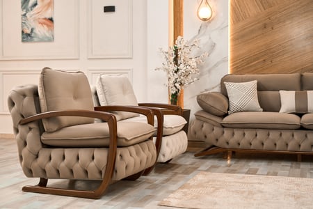 طقم كنب مودرن بني مخمل ناعم مع قوائم خشبية - 4 قطع