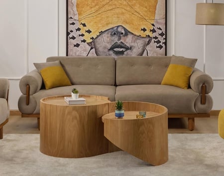 طقم كنب مودرن خشب زان طبيعي بيج رمادي × أصفر ذهبي – 4 حبات