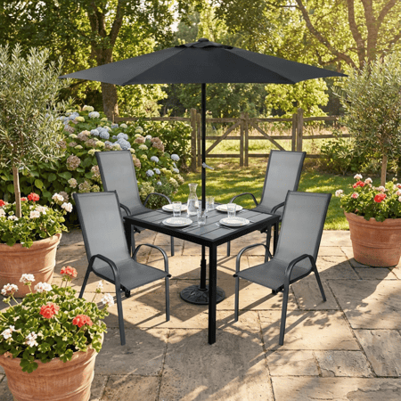طقم طاولة طعام خارجية مربعة مع مظلة - أسود - 5 قطع