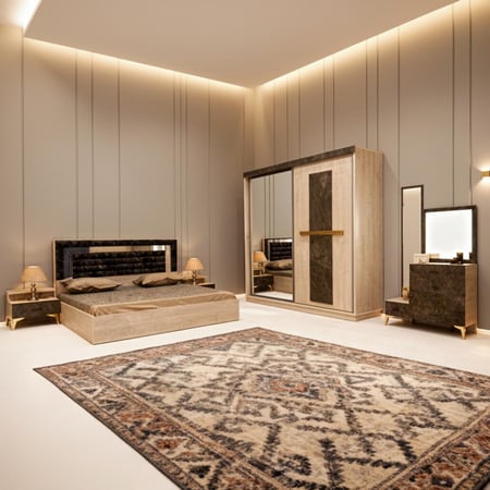 غرفة نوم خشب بتصميم أنيق لون بيج – 5 قطع