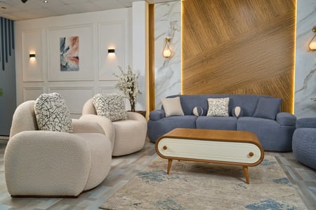 طقم كنب أزرق وبيج قماش بوكلية مودرن فاخر