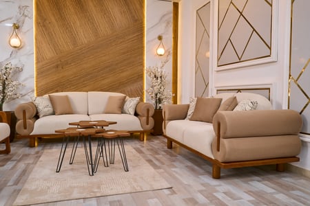 طقم كنب بيج بتفاصيل خشبية فاخرة - 4 قطع