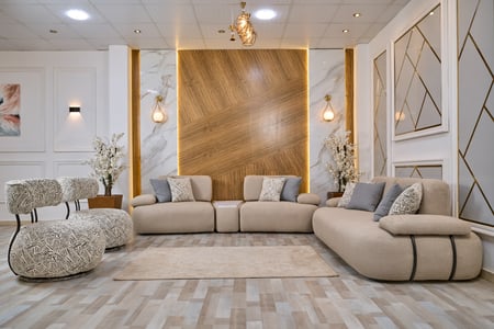 طقم كنب الفريد 4 قطع — يد استيل جولد وذراع خشبية بتصميم فاخر