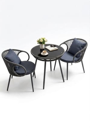 طاولة خارجية 2 كرسي زجاج دائري رمادي – مثالية للبلكونات والحدائق الصغيرة