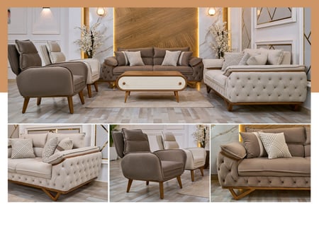 طقم كنب قطيفة - موديل ليفي - بيج x كافية - 4 قطع