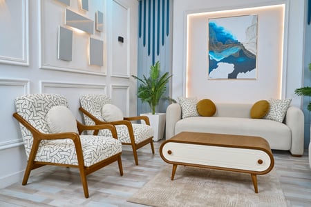 طقم كنب مودرن بيج 7 مقاعد خشب عالي الجودة