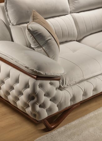 طقم كنب مخمل خشب زان طبيعي بدرجات البيج والرمادي – 4 حبه