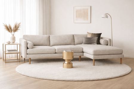 كنبة زاوية كبيرة قماش كتان وأرجل خشبية لون بيج - مثالية للعائلات ولمجالس الضيافة الراقية