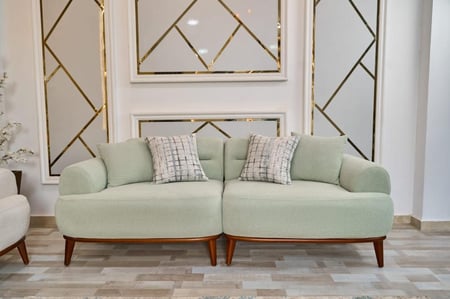 طقم كنب خشب وقماش بيج ومينت جرين تصميم عملي لغرفة المعيشة - 4 قطع