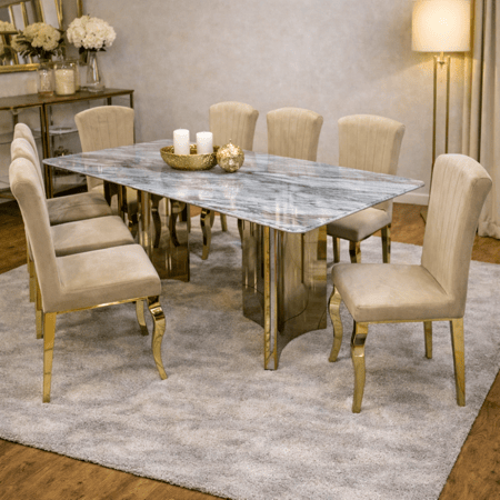 طقم طاولة طعام رخام 8 كراسي استيل – تصميم فاخر وعصري