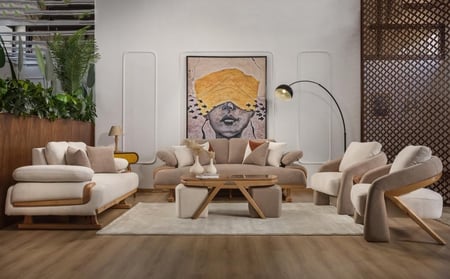 جلسة كنب خشب زان طبيعي أوف وايت × بيج – 4 حبات