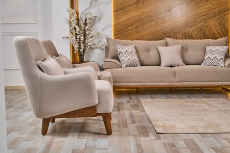 طقم كنب مودرن - كنبتان و2 فوتيه بقماش بيج فاتح