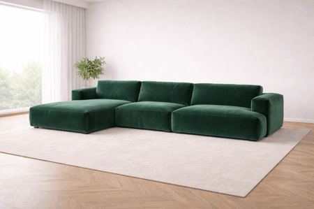 كنبة زاوية مخمل لون أخضر مودرن -مقاس 300 × 150 × 85 × 85 سم لمسة جريئة تضيف فخامة وأناقة للمكان