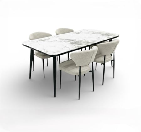 طقم طاولة طعام رخام - تصميم مودرن بأرجل معدنية سوداء وتنجيد قماش - متوفر بعدة مقاسات